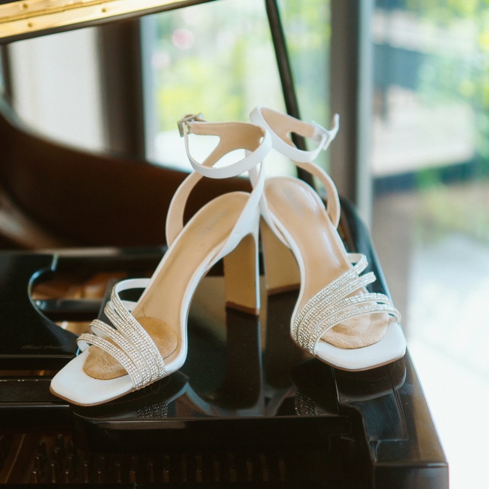 SOLD White Heels with Rhinestone Embellished Straps